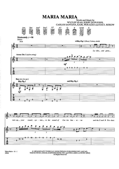 Maria Maria" Sheet Music by Santana for Guitar Tab/Vocal - Sheet Music Now