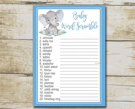 Blue Elephant Baby Shower Game Word Scramble Game Boy Safari - Etsy