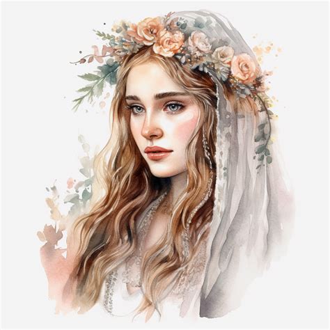 Glamorous and romantic realistic watercolor, the beautiful bride with long braided hair wearing ...