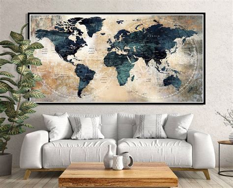 Extra Large Wall Art World Map Watercolor Poster Print Beige and Navy Blue Original Artwork ...