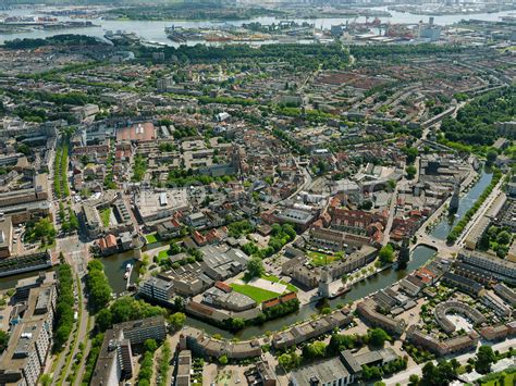 aerial view Schiedam, the city is best known for its Gin (Jenever) distilleries in the 18th century.