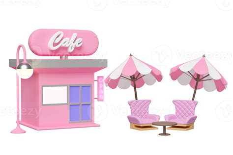 shop store cafe 3d with label open, coffee table, umbrella, sofa chair isolated. summer travel ...