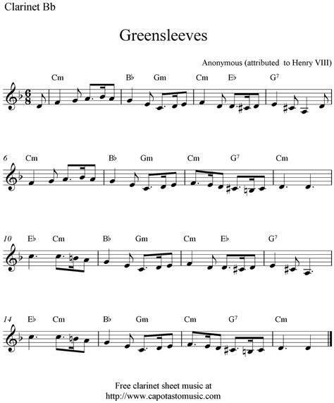 Easy Sheet Music For Beginners: Greensleeves, free clarinet sheet music ...