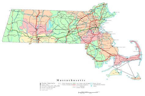 Large detailed administrative map of Massachusetts state with roads ...