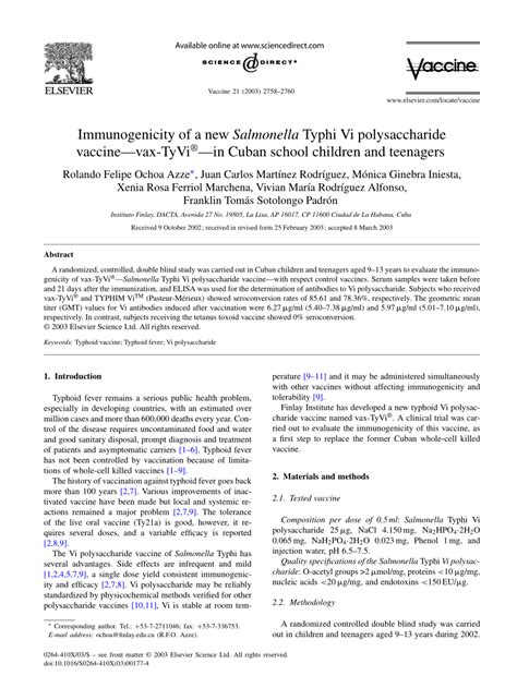 (PDF) Immunogenicity of a new Salmonella Typhi Vi polysaccharide vaccine - vax-TyVi® - In Cuban ...