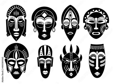 Set of african tribal masks.Collection of different indian, aztec mask. Ethnic wooden mask ...