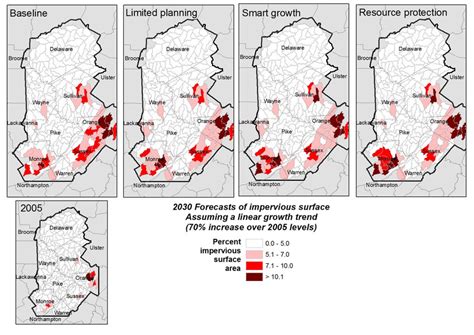 Impervious surface area in 2005 (lower left) and forecasted impervious... | Download Scientific ...