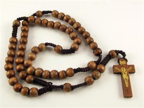 Wooden bead Catholic rosary hand knotted macrame with wood crucifix - Rosaries