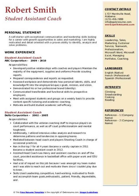 Student Assistant Coach Resume Samples | QwikResume