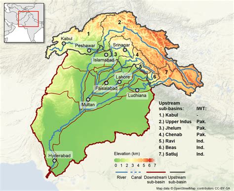 Elevation map of the Indus Basin with delineation of upper (numbered ...