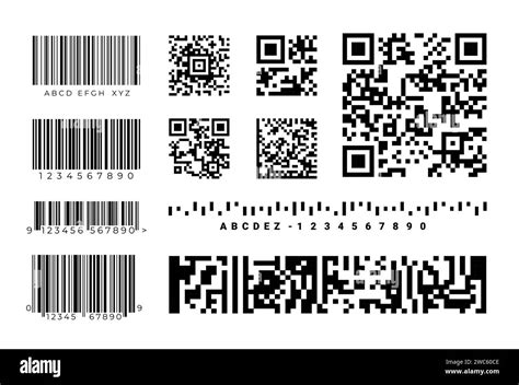 Barcodes. QR-code identification labels. Realistic retail inventory codes with graphic signs and ...