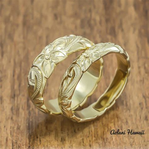 Gold wedding Ring Set of Traditional Hawaiian Hand Engraved 14k Yellow – Aolani Hawaii