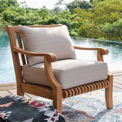 Mosko Solid Teak Wood Outdoor Lounge Chair with Beige Cushion ...