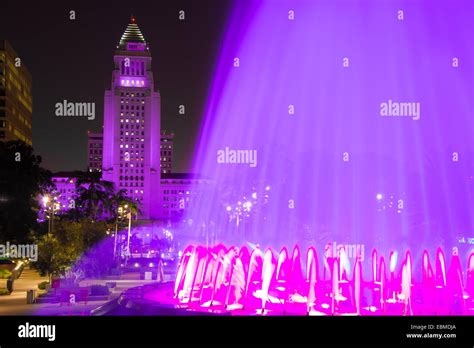 Los Angeles City Hall as seen from the Grand Park at night, Los Angeles, California, USA Stock ...