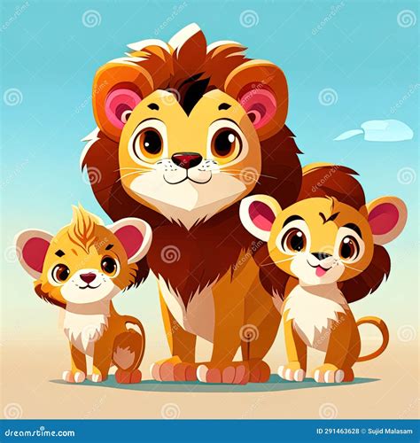 Lion Family with Baby Lion Cubs. Cartoon Vector Illustration. Generative AI Animal Ai Stock ...