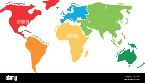 Multicolored world map divided to six continents in different colors - North America, South ...