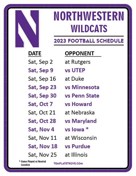 Printable 2023 Northwestern Wildcats Football Schedule