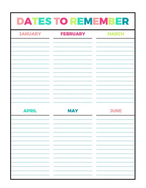 Bright Dates to Remember Printable Page Letter Size PDF Home - Etsy