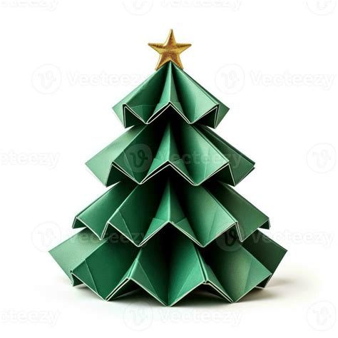 Handcrafted Christmas tree origami ornament isolated on white ...