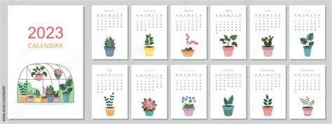 A4 calendar for 2023. Cute houseplants. A set of pages for 12 months of ...