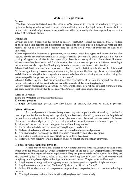 Legal Person - Module III: Legal Person Person: The term ‘person’ is derived from the Latin term ...