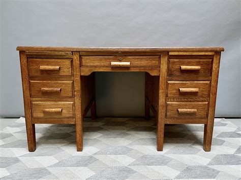 Large vintage Wooden Desk with Drawers Oak 1950s - Design Market