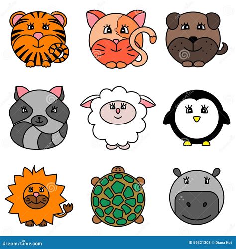 Cute Cartoon Circle Animals Collection Stock Illustration - Image: 59321303