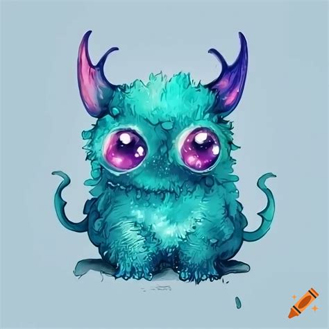 Cute fantasy fluffy baby monster, kawaii eyes, line art colored using watercolor soft touch ...