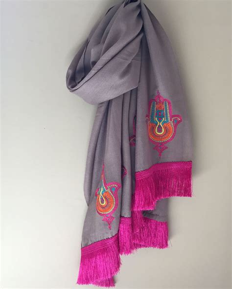 Pure Wool Scarf with Hamsa Embroidery and Tassel Fringe | Scarf, Wool ...