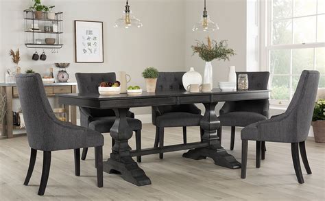 Cavendish Grey Wood Extending Dining Table with 4 Duke Slate Fabric Chairs | Furniture Choice