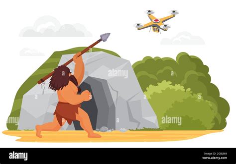 Stone age primitive man hunting on drone with spear weapon near rock ...