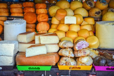 Traditional Romanian Cheese Varieties and Meat in the Market Stock ...