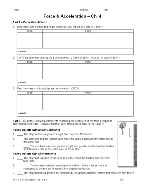 Force and Acceleration Worksheet for 7th - 10th Grade | Lesson Planet