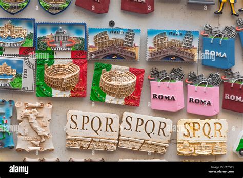 Rome tourism, souvenir fridge magnets on sale outside a shop in the ...