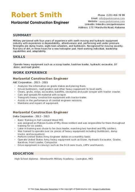 Horizontal Construction Engineer Resume Samples | QwikResume