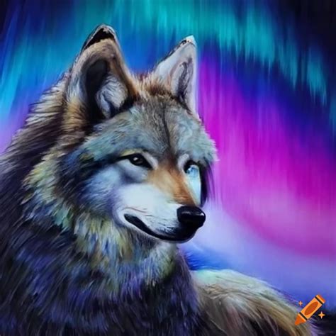 Colored pencil drawing of a wolf in aurora borealis on Craiyon