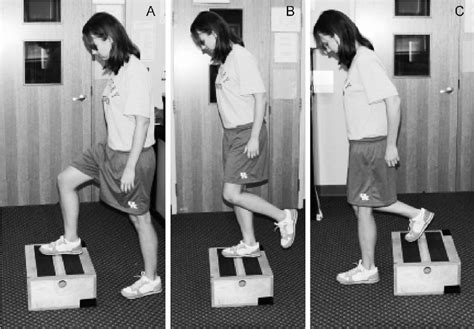 Step-up-and-over exercise. A, The participant steps up onto an 8-in... | Download Scientific Diagram