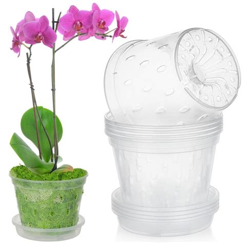 5Pcs Orchid Pots, Clear Plastic Pots with Holes and Saucers, 5.5in Breathable Orchid Planters ...