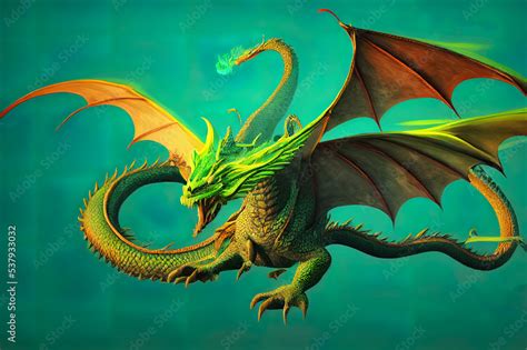 Green Dragon or Wyvern fantasy creature flying and breathing fire ...