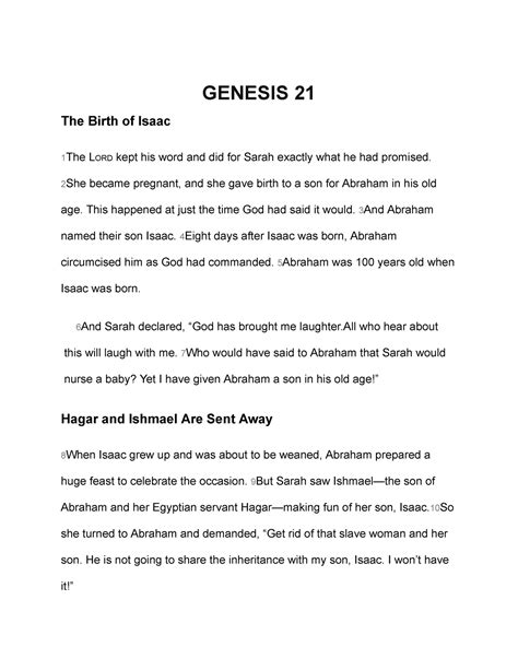 Genesis 21 - GENESIS 21 The Birth of Isaac 1 The LORD kept his word and ...