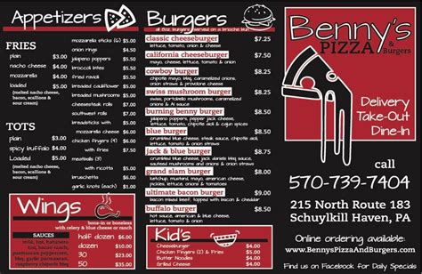 Menu at Benny's Pizza and Burgers restaurant, Cressona