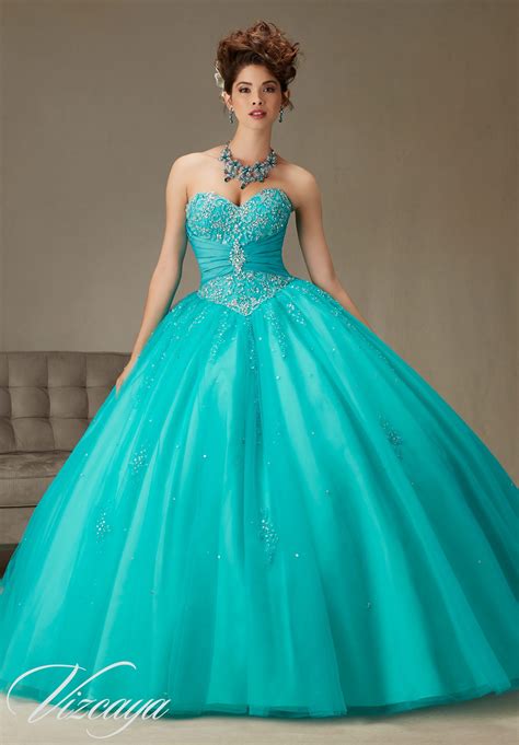 Teal Blue Two-Tone Satin and Tulle Princess Ball Gown with Beading ...