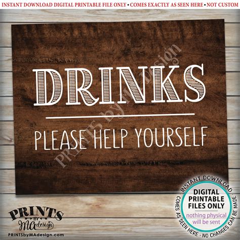 Drinks Sign, Please Help Yourself to a Beverage Station Sign, PRINTABLE 8x10” Rustic Wood Style ...