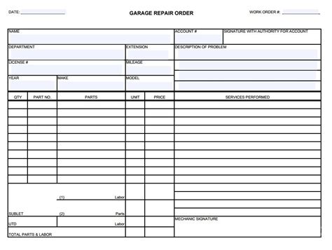 Auto Repair Order Form Template