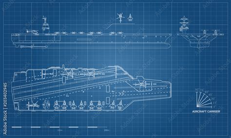 Blueprint of aircraft carrier. Military ship. Top, front and side view ...