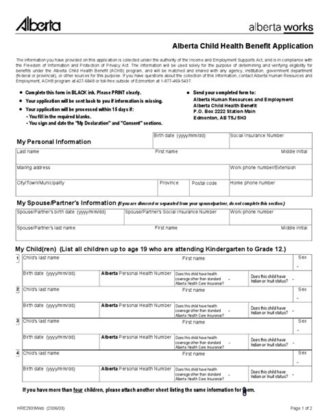 Child Health Benefit Application Form - Alberta Free Download