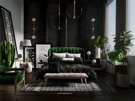 a bedroom decorated in black and white with green velvet furniture ...