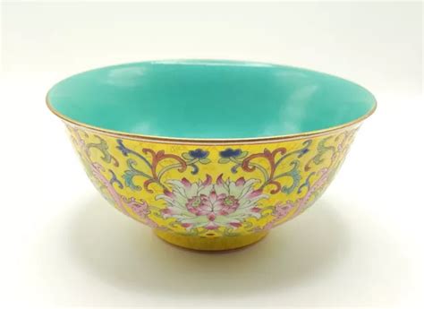 VINTAGE FAMILLE JAUNE Chinese Porcelain Bowl Turquoise Interior Glaze $58.00 - PicClick