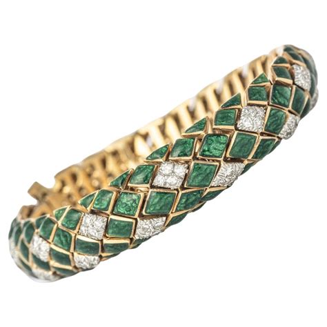 Vintage David Webb 18k Gold, Green Enamel and Diamond Bracelet For Sale ...