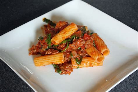 Rigatoni with Spicy Sausage-Tomato Sauce and Arugula - Everyday Home Cook